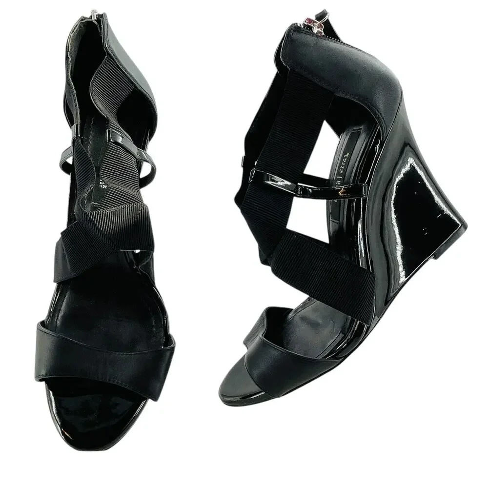 WHBM Black Leather Strappy Career Chic Zip Back Elastic Ankle Wedge Heel 9.5
